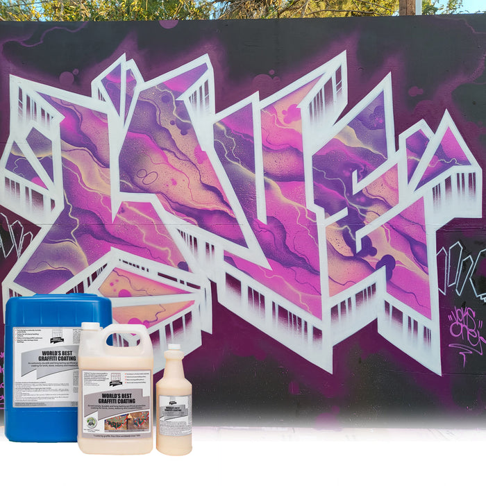Containers of World's Best Graffiti Coating in 5 gallon, 1 gallon and 1 quart with mural.