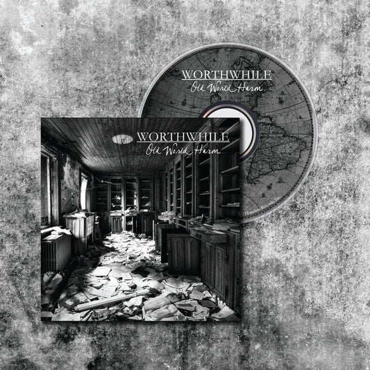 A CD and case for Worthwhile: Old World Harm, featuring a black and white cover photo of an abandoned library—A Fool’s Paradise—with scattered papers and tall shelves.
